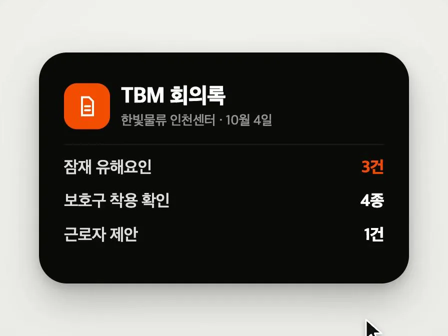 안톡 흐름 연출 화면(가상 데이터) — AI가 정리한 TBM 회의록 카드: 잠재 유해요인 3건, 보호구 착용 확인 4종, 근로자 제안 1건